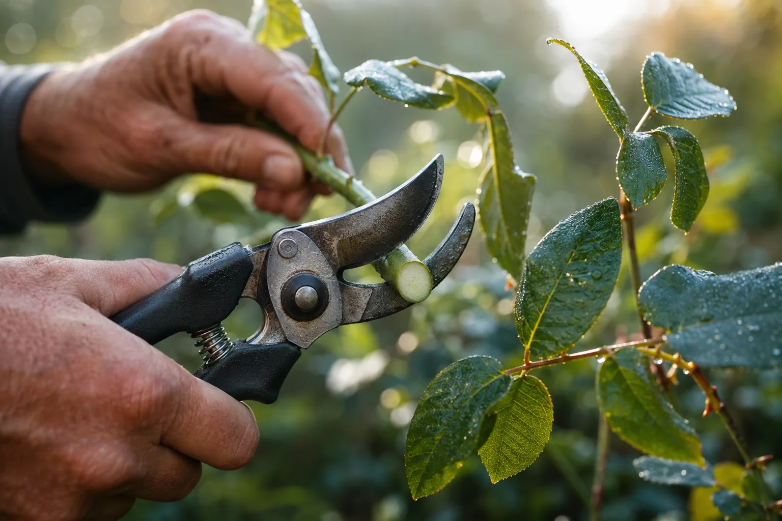 Sharp bypass secateurs making a clean cut through a green stem in morning light.