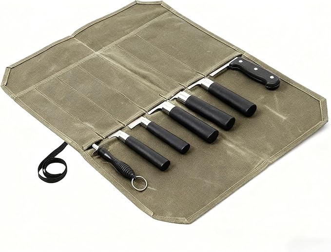 Chef's knife roll — waxed canvas, 7 slots